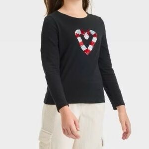 Black Long Sleeve Kids Shirt with Sequin Heart Design